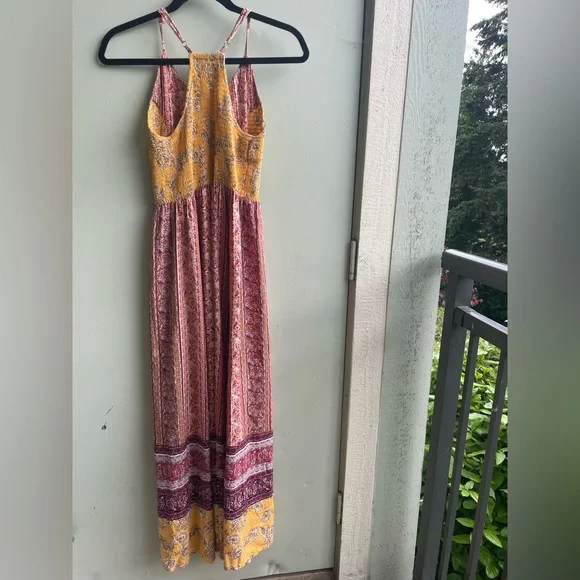 Angie Boho Mixed Print Maxi Dress. Adjustable Straps Ruched Back. Side Slits SM - Picture 4 of 13